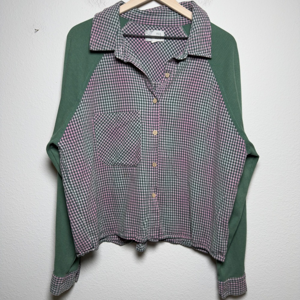 Oli & Hali Womens 100% Cotton Button Up Shirt M Green Pink Gingham Waffle Knit